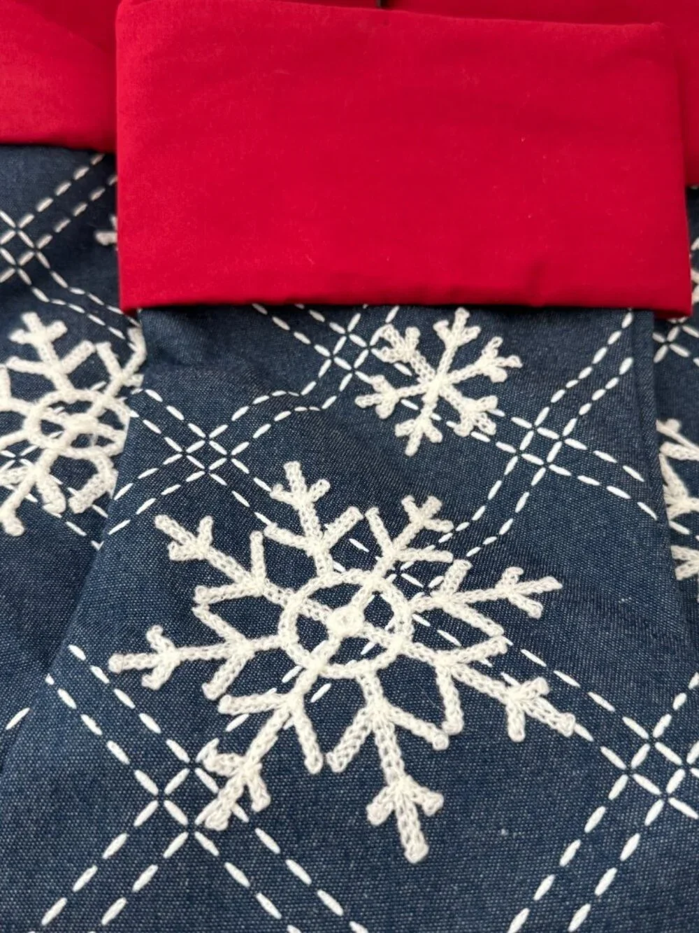 🎄 Set of 3 Denim, White and Red Snowflake Christmas Stockings (Embroidered)